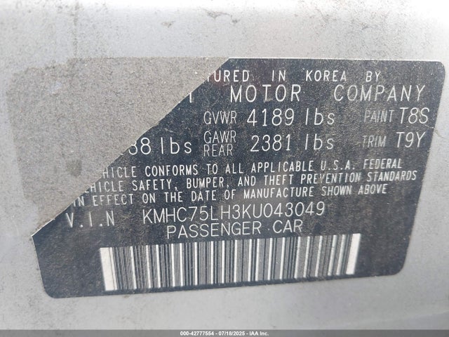 KMHC75LH3KU043049 Hyundai Ioniq