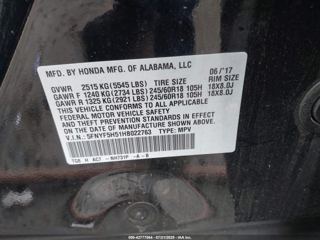 5FNYF5H51HB022763 Honda j35y6