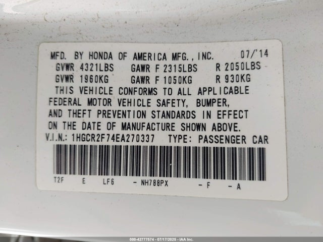 Honda k24w1 2014 1HGCR2F74EA270337 Image 9