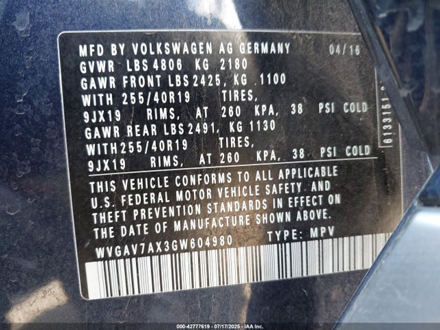 WVGAV7AX3GW604980 Volkswagen 2016