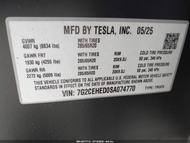 2025 TESLA CYBERTRUCK 7G2CEHED0SA074770 Photo 8