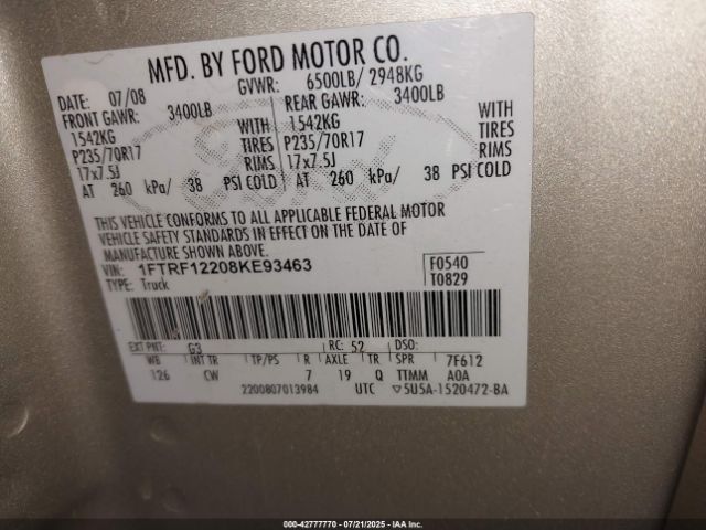 2008 FORD F-150 1FTRF12208KE93463 Photo 8