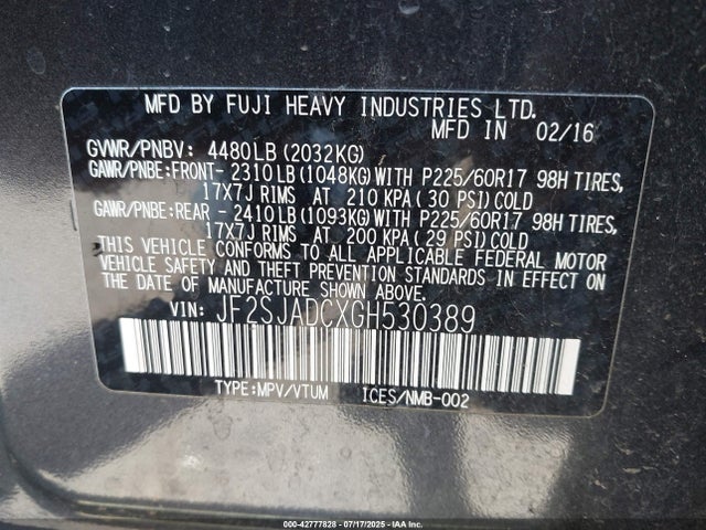 Subaru naturally aspirated u5 2016 JF2SJADCXGH530389 Image 9