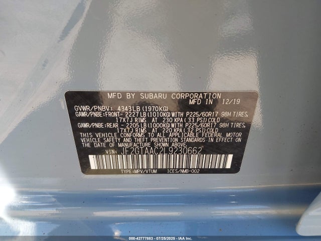 Subaru 2020 2020 JF2GTAAC2L9230662 Image 9