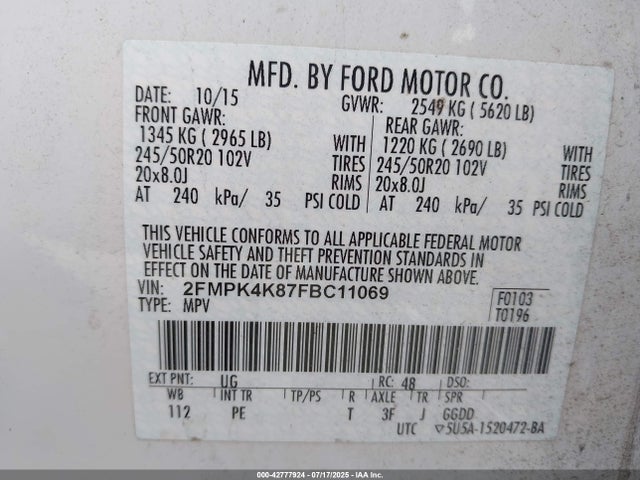 Aukcja sprzedaży 2015 Ford Edge Titanium, vin: 2FMPK4K87FBC11069, numer aukcji: 42777924