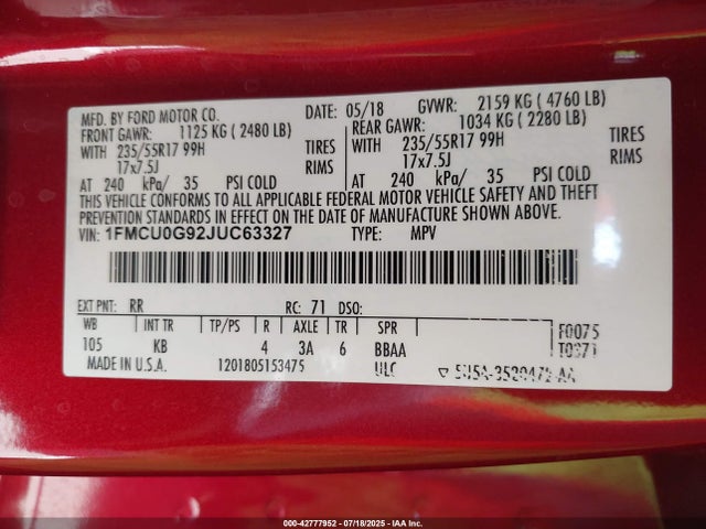 1FMCU0G92JUC63327 Ford 2018