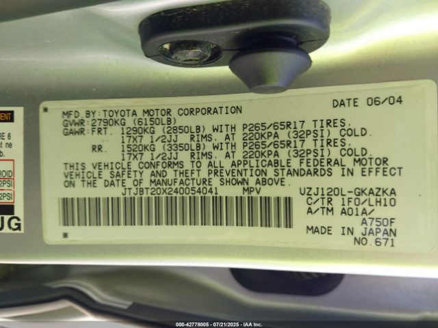 2004 LEXUS GX 470 JTJBT20X240054041 Photo 8