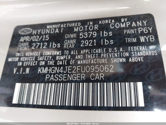 KMHGN4JE2FU095062 Hyundai gasoline 3.8 dohc mpi lambda