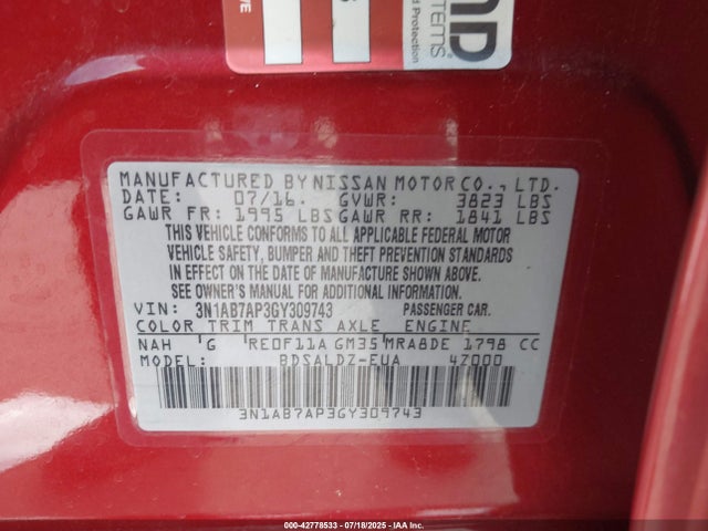 3N1AB7AP3GY309743 Nissan 2016