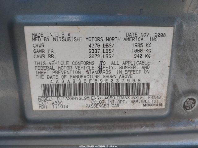 2009 MITSUBISHI GALANT 4A3AB36F89E037998 Photo 8