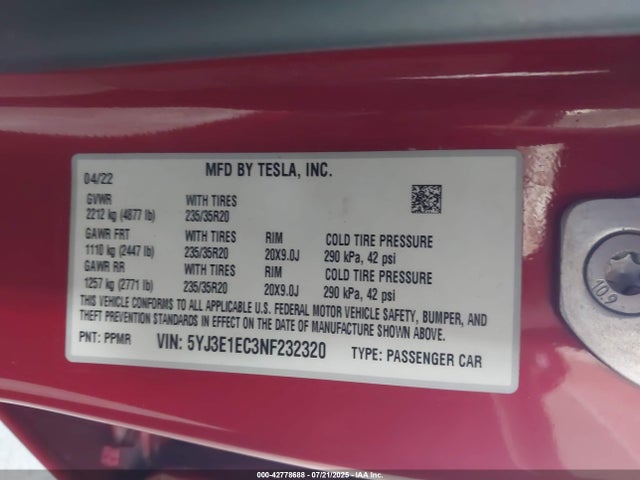 2022 TESLA MODEL 3 5YJ3E1EC3NF232320 Photo 8