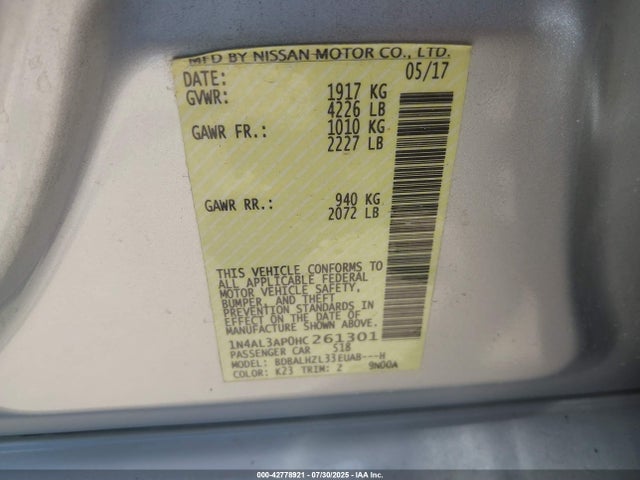 Продаж на аукціоні авто 2017 Nissan Altima 2.5 Sr, vin: 1N4AL3AP0HC261301, номер лоту: 42778921