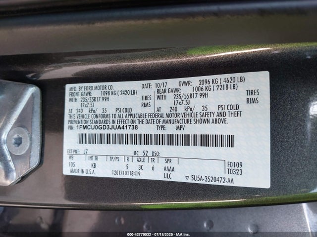 1FMCU0GD3JUA41738 Ford 1.5l gtdi sigma w/premium fuel