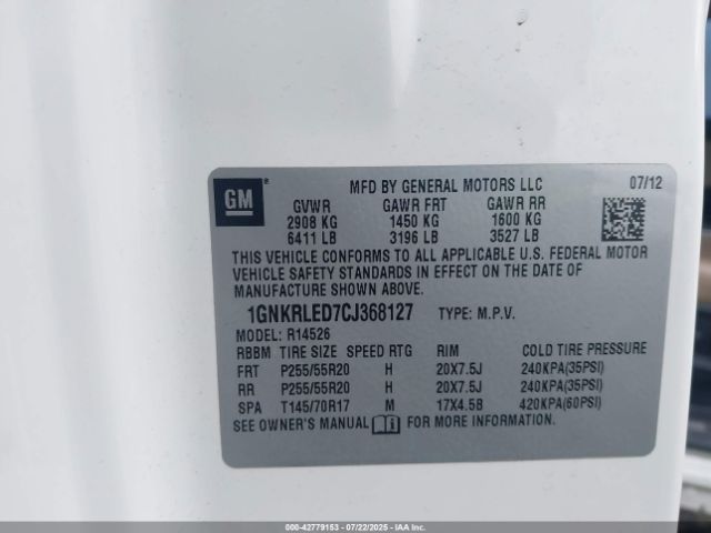 2012 CHEVROLET TRAVERSE 1GNKRLED7CJ368127 Photo 8