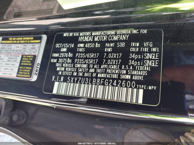 5XYZU3LB8FG242600 Hyundai dohc gdi theta ii