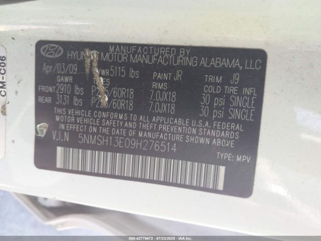 2009 HYUNDAI SANTA FE 5NMSH13E09H276514 Photo 8