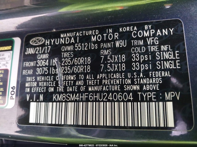 KM8SM4HF6HU240604 Hyundai gdi lambda ii