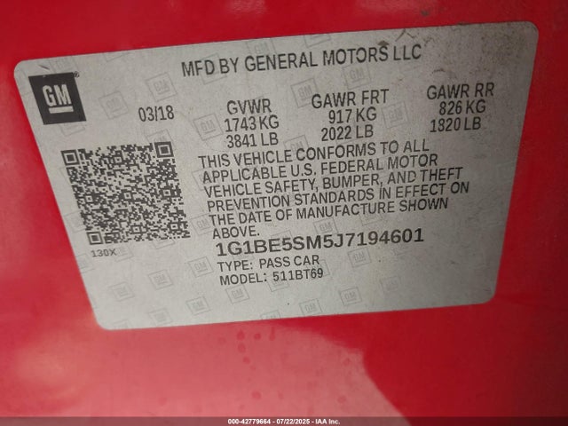 42779664 :رقم المزاد ، 1G1BE5SM5J7194601 vin ، 2018 Chevrolet Cruze Lt Auto مزاد بيع