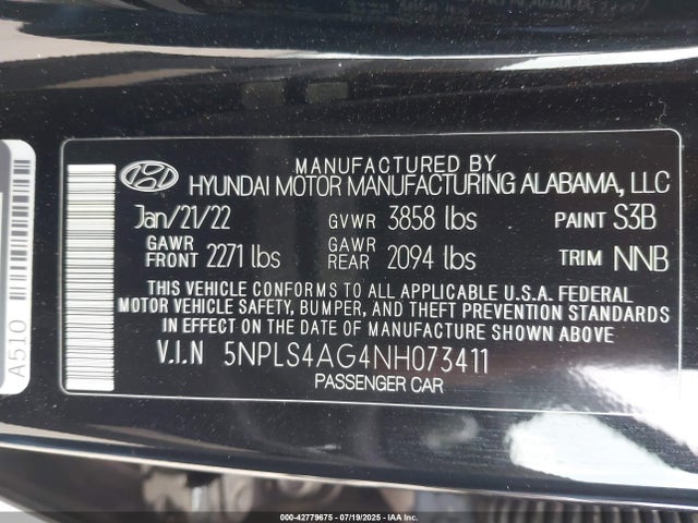 5NPLS4AG4NH073411 Hyundai mpi nu pe