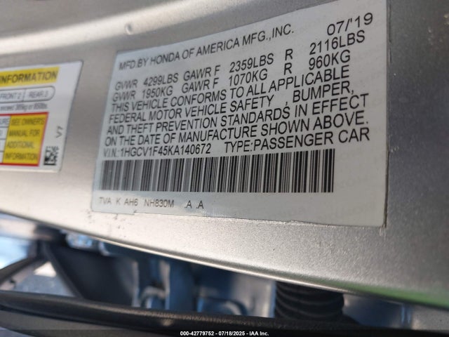 1HGCV1F45KA140672 Honda l15be
