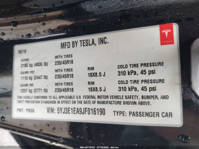 2018 TESLA MODEL 3 5YJ3E1EA9JF016190 Photo 8