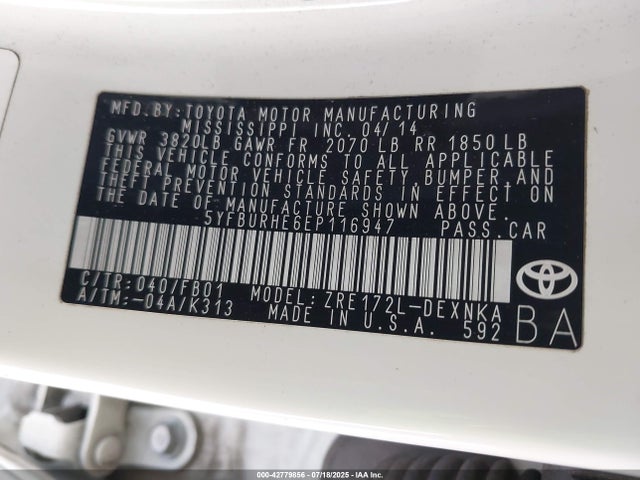 5YFBURHE6EP116947 Toyota 2zr-fe