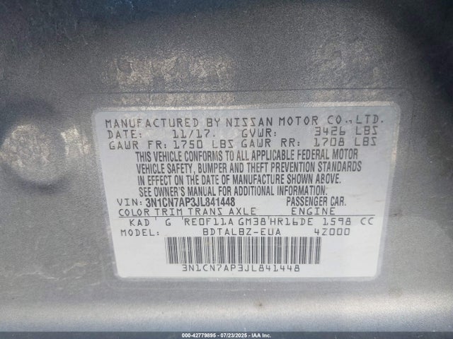 3N1CN7AP3JL841448 Nissan Versa