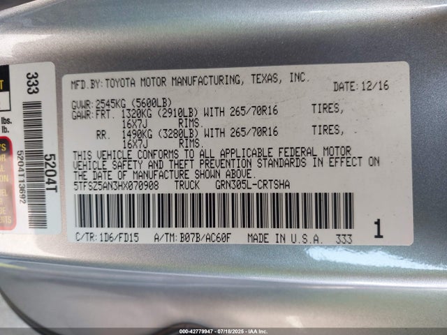 5TFSZ5AN3HX070908 Toyota 2gr-fks