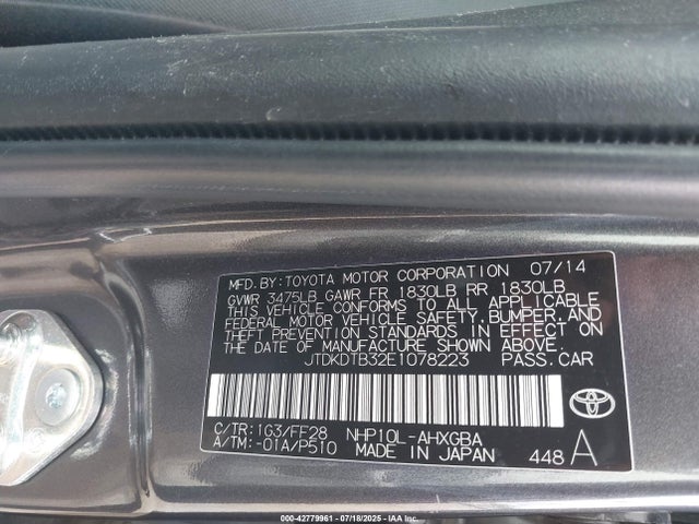 JTDKDTB32E1078223 Toyota 1nz-fxe+1lm