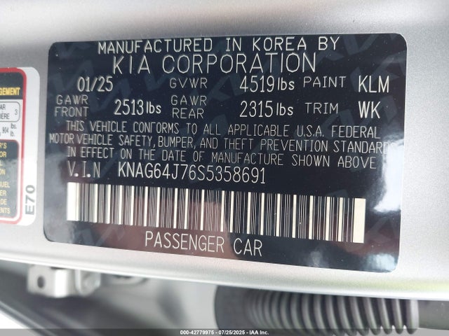 Продажа на аукционе авто 2025 Kia K5 Gt-line, vin: KNAG64J76S5358691, номер лота: 42779975
