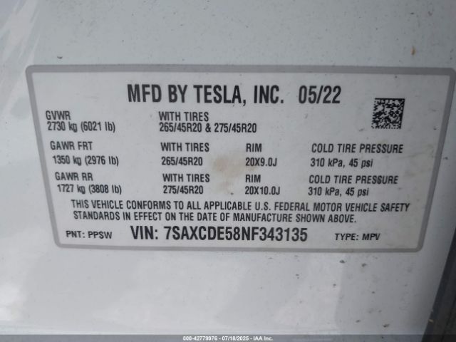 2022 TESLA MODEL X 7SAXCDE58NF343135 Photo 8