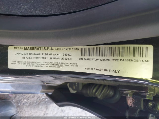 Продажа на аукционе авто 2017 Maserati Ghibli S Q4, vin: ZAM57RTL0H1235799, номер лота: 42780011