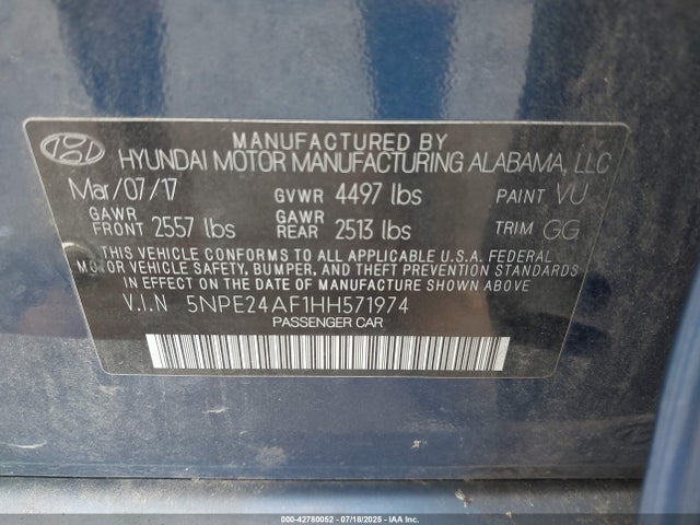42780052 :رقم المزاد ، 5NPE24AF1HH571974 vin ، 2017 Hyundai Sonata مزاد بيع