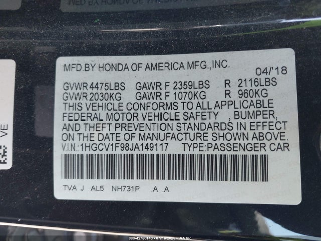 1HGCV1F98JA149117 Honda l15be
