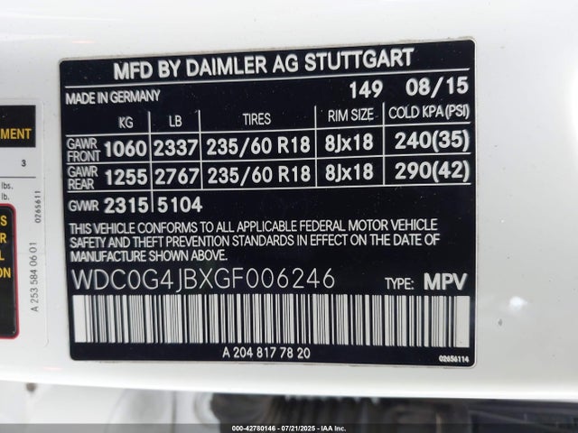 WDC0G4JBXGF006246 Mercedes-Benz m274