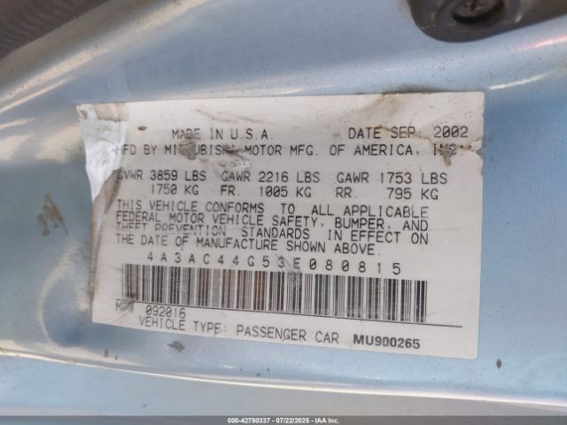 2003 MITSUBISHI ECLIPSE 4A3AC44G53E080815 Photo 8