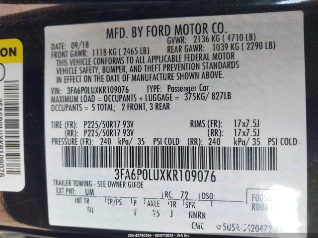 3FA6P0LUXKR109076 Ford 2019