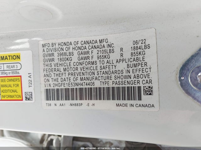 2HGFE1E53NH474406 Honda l15ca