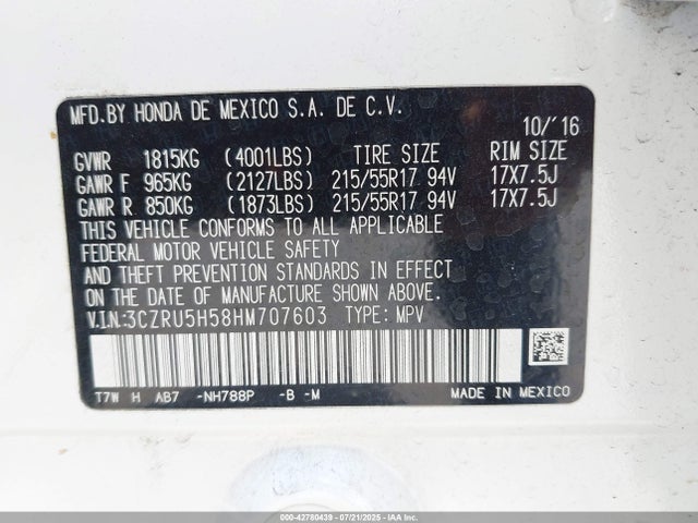 3CZRU5H58HM707603 Honda r18z9