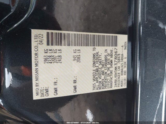 42780567 :رقم المزاد ، 1N4BL4DV5NN378067 vin ، 2022 Nissan Altima Sv Fwd مزاد بيع