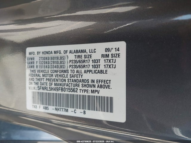 Honda j35z8 2015 5FNRL5H49FB015562 Image 9