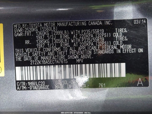 Lexus 2gr-fe 2014 2T2ZK1BA5EC147615 Image 9