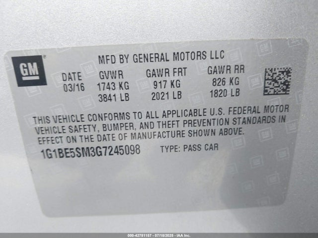 1G1BE5SM3G7245098 Chevrolet le2 - di: direct injection, alum, vvt, gen i, gmna