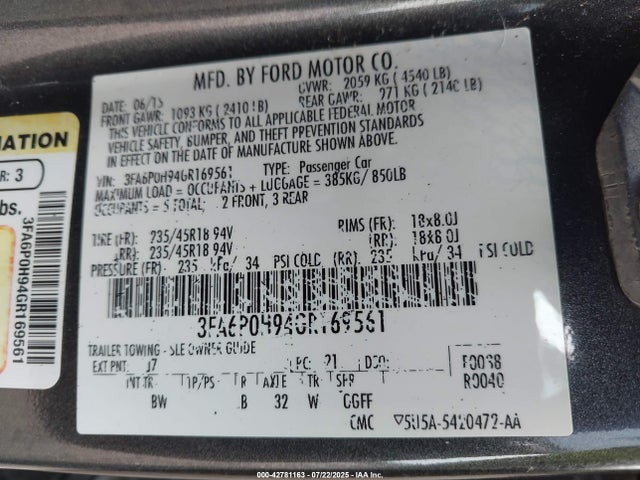 Продажа на аукционе авто 2016 Ford Fusion Se, vin: 3FA6P0H94GR169561, номер лота: 42781163