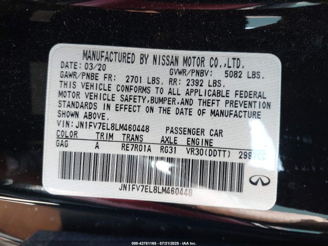 2020 Infiniti Q60 Red Sport 400 Awd მანქანა იყიდება აუქციონზე, vin: JN1FV7EL8LM460448, აუქციონის ნომერი: 42781165