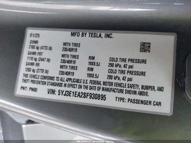 5YJ3E1EA2SF930895 Tesla MODEL 3