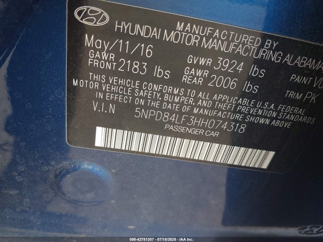 5NPD84LF3HH074318 Hyundai Elantra