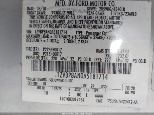 2010 FORD MUSTANG 1ZVBP8AN0A5181714 Photo 8