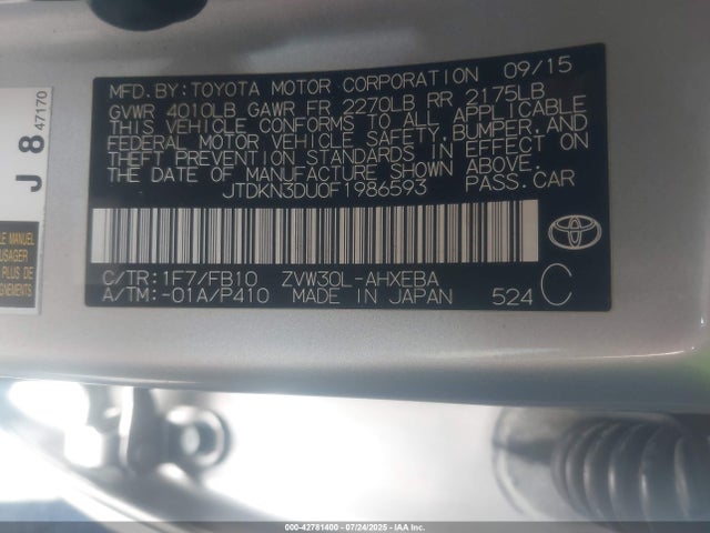 Toyota 2zr-fxe+3jm 2015 JTDKN3DU0F1986593 Image 9