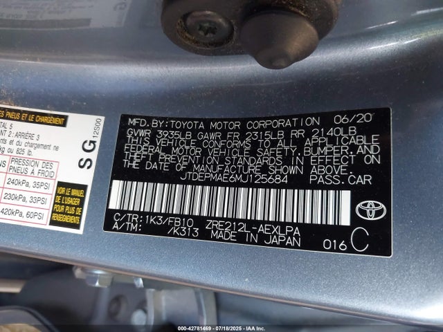 JTDEPMAE6MJ125684 Toyota 2zr-fae